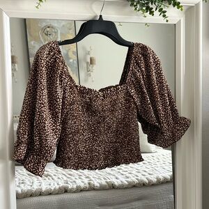 Kittenish Brown Printed Smocked Puff-Sleeve Blouse
